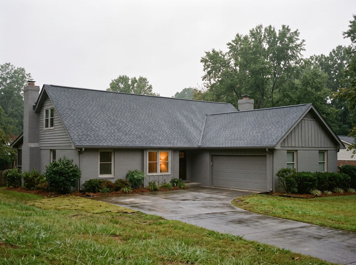 A finished shingle roof with the site cleared, seen from the front lawn.