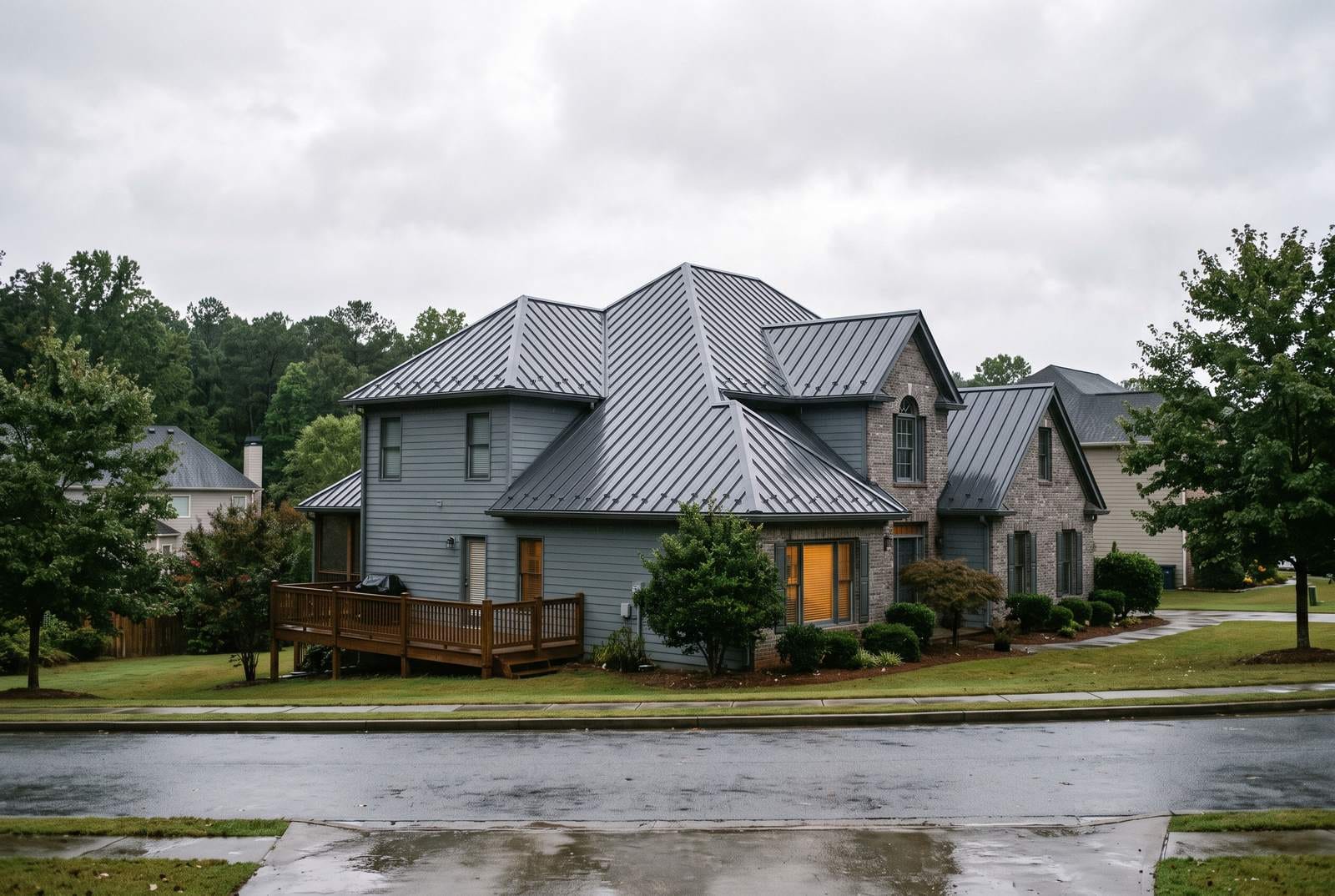 A standing-seam metal roof over a complex roofline.